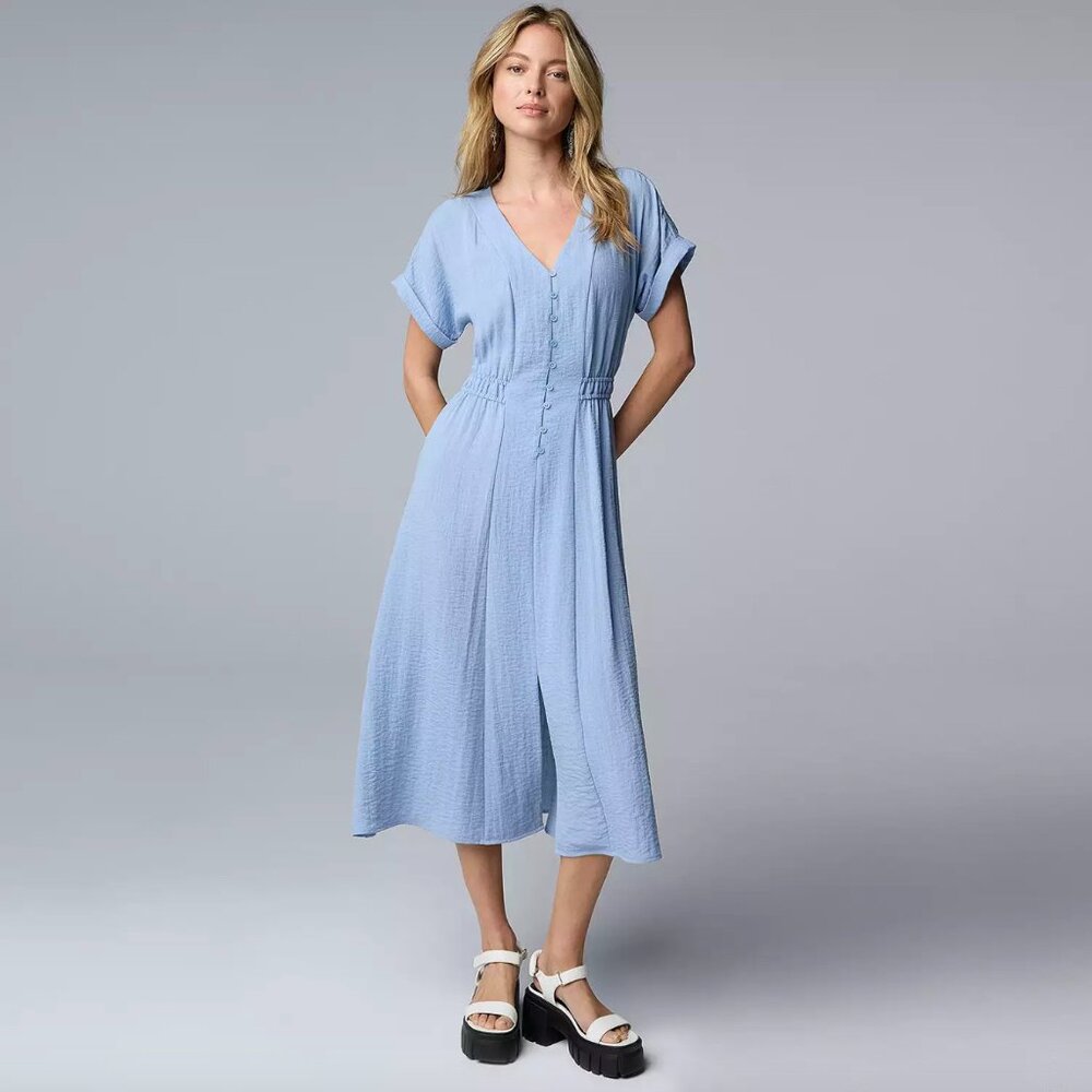 SIMPLY VERA VERAWANG Women's Smocked Midi Dress Size L In Ambience Blue